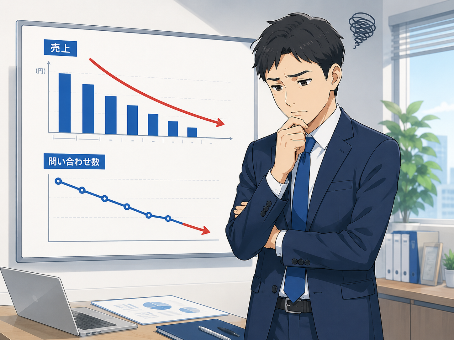 サジェスト汚染により売上が減少した企業の営業担当イメージ